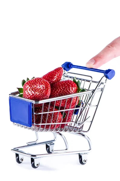 Winkelwagen strowberries en vinger — Stockfoto