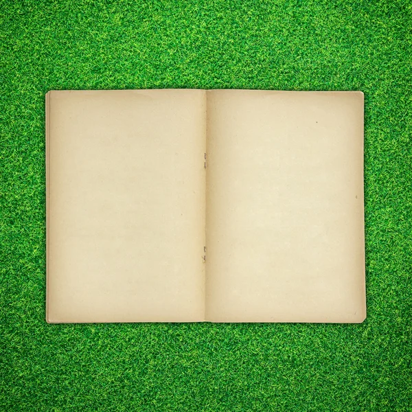 Old book open on green grass background — Stock Photo, Image
