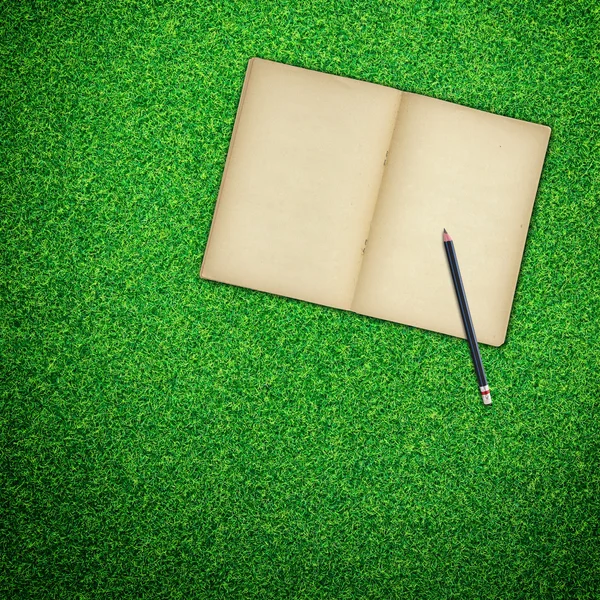 Ołówek i stare książki otwarte na tle zielonej trawie — Zdjęcie stockowe