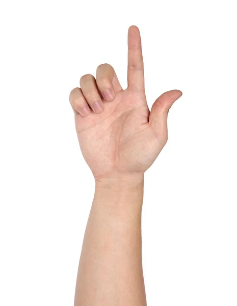 Hand, die auf weißem Hintergrund berührend oder drückend zeigt — Stockfoto