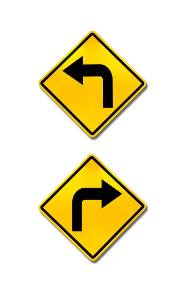Правый поворот и левый поворот дорожные знаки — стоковое фото