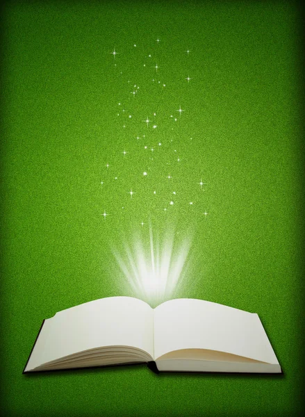 Open boek magie op groen gras achtergrond — Stockfoto