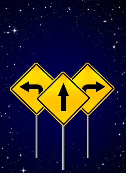Signs straight, turn left, turn right on night sky — Stock Photo, Image