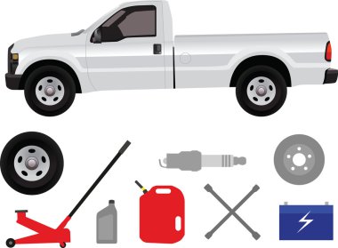 Pick-up truck with group of repair shop elements clipart