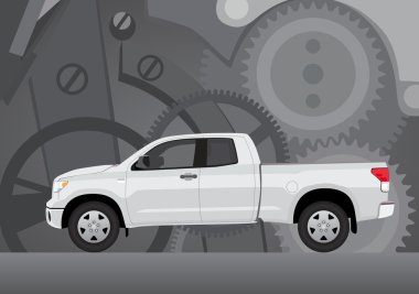 Pick-up truck with clockwork background clipart