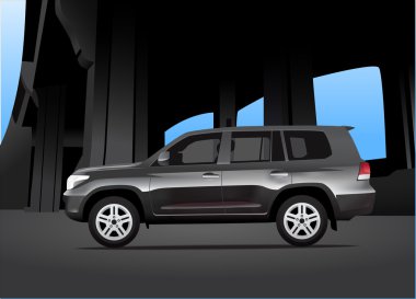 Sport utility vehicle car with urban background clipart