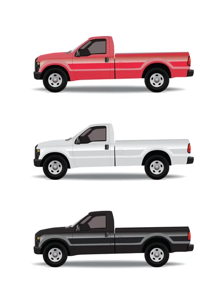 Camionetas pick-up en tres colores — Vector de stock
