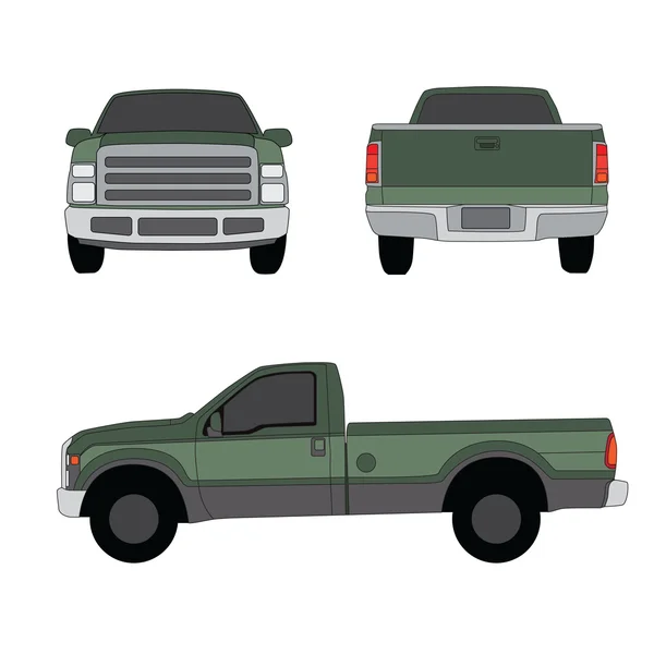 Pick-up camion verde tre lati vista vettoriale illustrazione — Vettoriale Stock