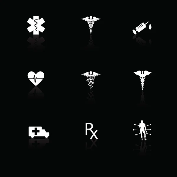 Medical icons white on black with reflections — Stock Vector