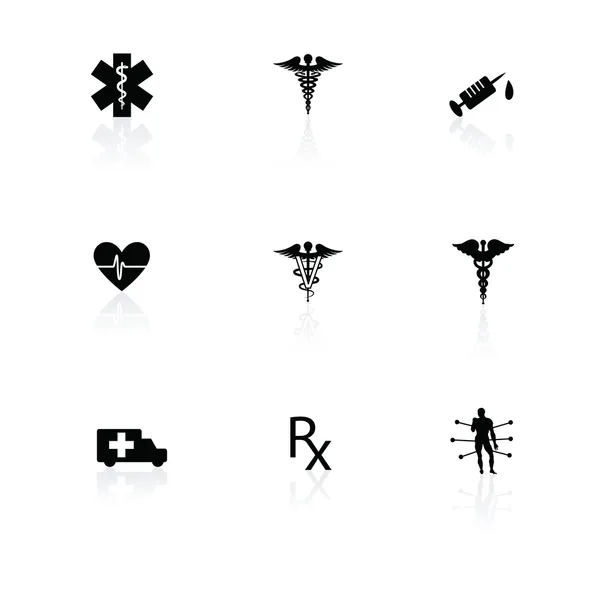 Icônes médicales noir sur blanc avec reflets — Image vectorielle