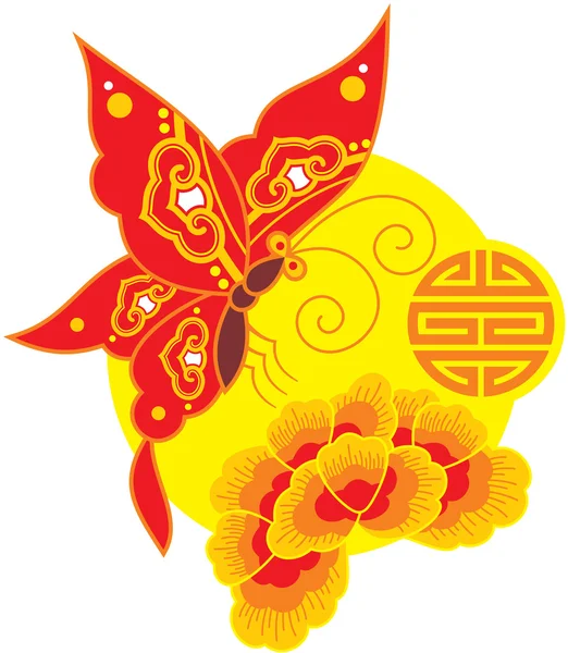 Borboleta e flor de estilo chinês — Vetor de Stock