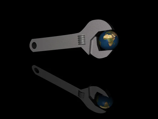 Silver spanner and globe — Stock Photo, Image