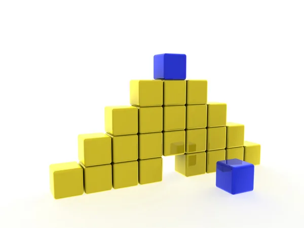 Blauwe kubus in uit rijen gele kubussen — Stockfoto