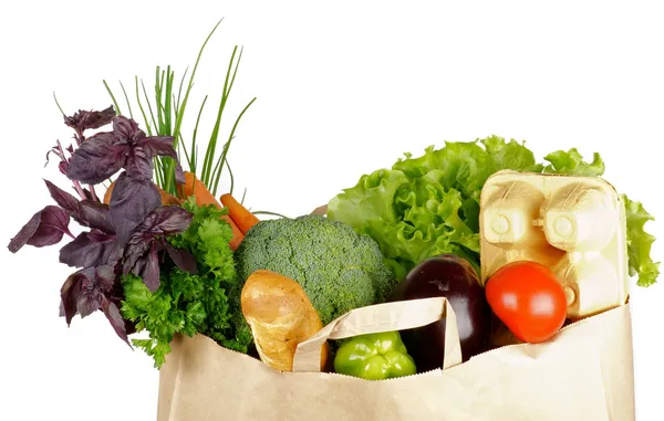 Alimentação saudável em saco de compras — Fotografia de Stock