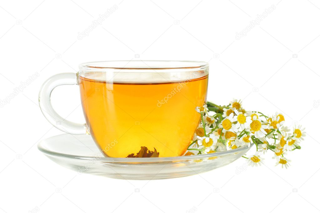 Tea cup and chamomile flowers