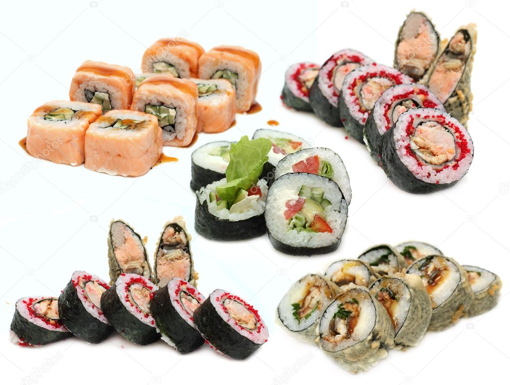 Sushi Roll set isolated, Japanese cuisine