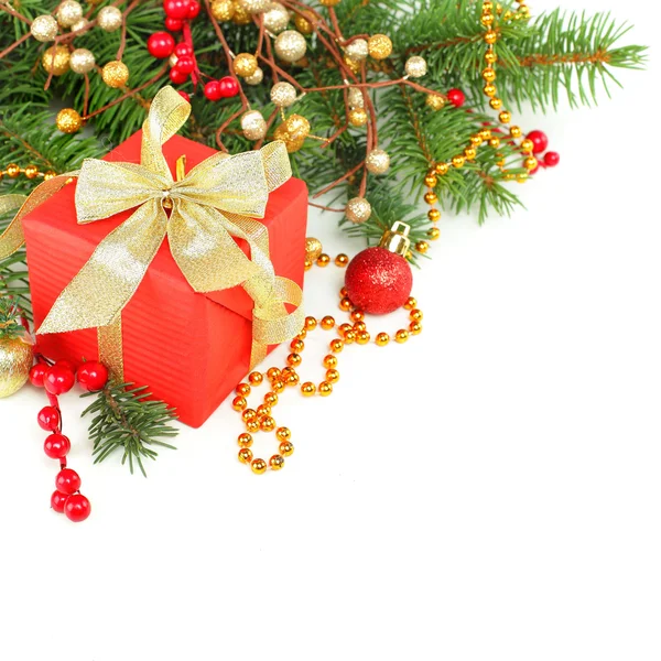 Christmas border with Xmas tree, gift and gdecoration Royalty Free Stock Photos