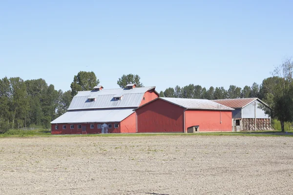 Здания фермы и непосеянное поле — стоковое фото