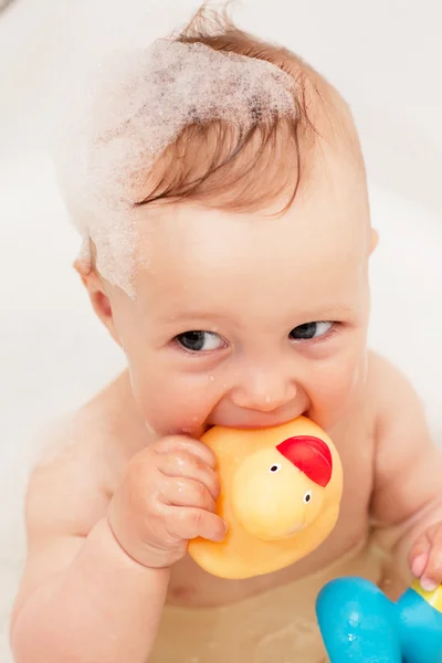Adorable bath baby with soap suds — Stock Photo, Image