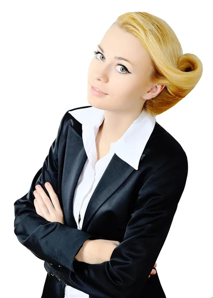 Retrato de jovem mulher de negócios em terno preto, isolado sobre wh — Fotografia de Stock