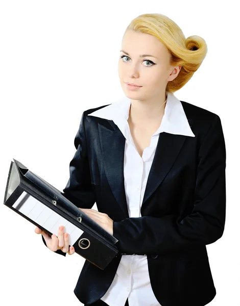 Portrait of young business woman in black suit — Stock Photo, Image