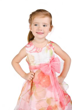 Prenses elbisesi içinde gülümseyen küçük bir kızın portresi.