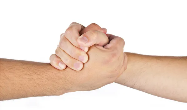 Armwrestling ręce dwa mężczyźni na białym tle — Zdjęcie stockowe