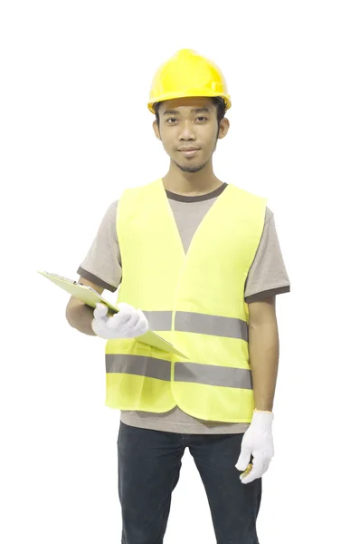 Trabalhador masculino segure a área de transferência — Fotografia de Stock