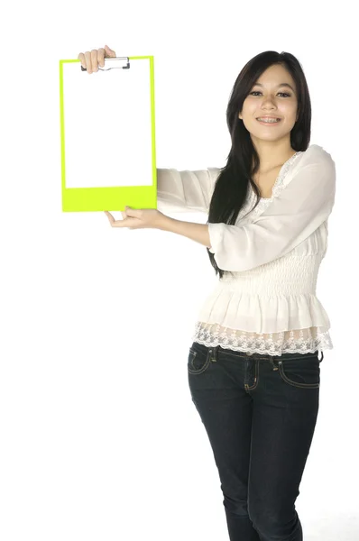 Woman Show Clipboard — Stock Photo, Image