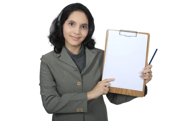Mixed Caucasian Asian Woman Hold Blank Paper — Stock Photo, Image