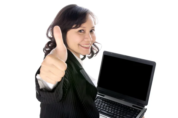 Mulher feliz usando laptop — Fotografia de Stock
