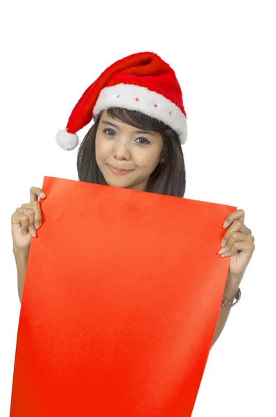 Weihnachtsmann Dame hält Banner hoch — Stockfoto