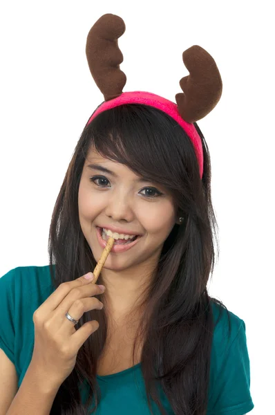 Weihnachtsmann Frau essen Oblaten — Stockfoto
