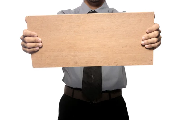Segurando placa de madeira — Fotografia de Stock