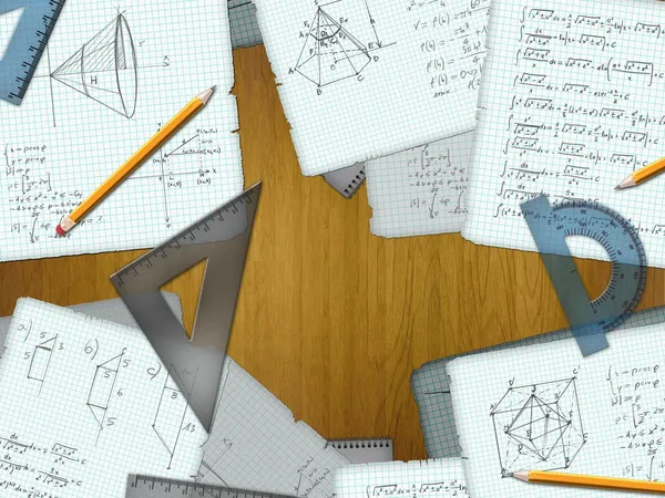 Cálculos de matemática escolar em uma ilustração de mesa de madeira — Fotografia de Stock