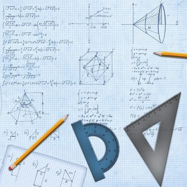 Meja Matematika dengan rumus dan peralatan — Stok Foto
