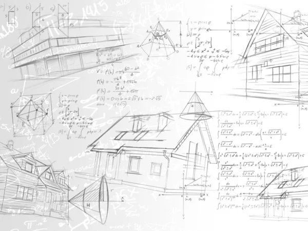 Notas arquitectónicas blancas, fórmulas y bocetos — Foto de Stock