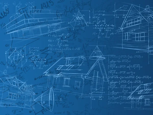 Blaue Berechnungshinweise, Formeln und Skizzen — Stockfoto