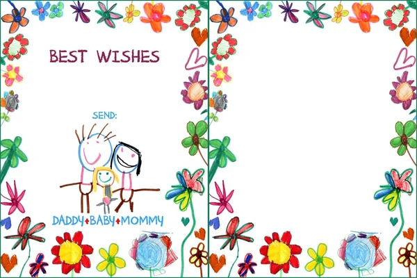 Criança cartão da família cumprimentando com flores — Fotografia de Stock