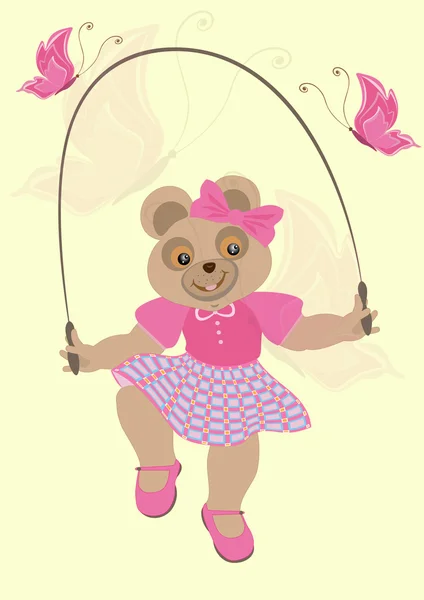 Urso menina em um vestido carmesim e borboletas — Vetor de Stock
