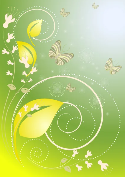 Décor avec des papillons et des fleurs sur le fond bleu vert — Image vectorielle