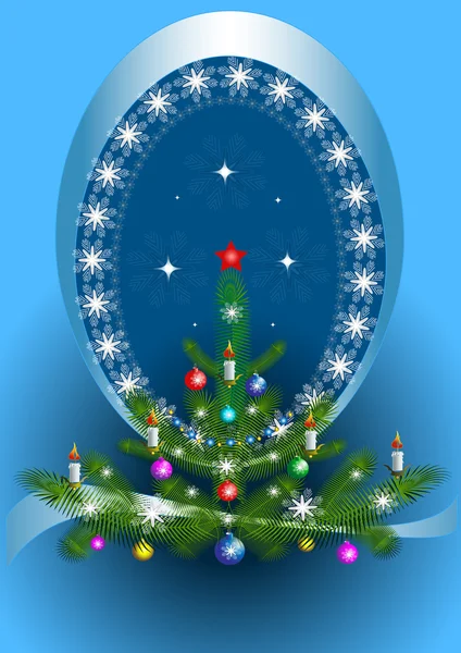 Cadre ovale avec le sapin de Noël sur fond bleu — Image vectorielle