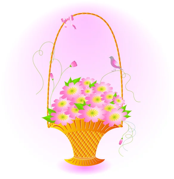 Spring bouquet of pink flowers in a basket and a bird. — Stock Vector