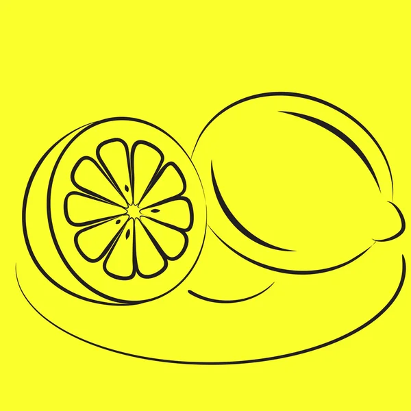 Zwei Zitronen auf einem Teller. Zeichnen eines schwarzen Pinsels auf einem gelben Backgro — Stockvektor