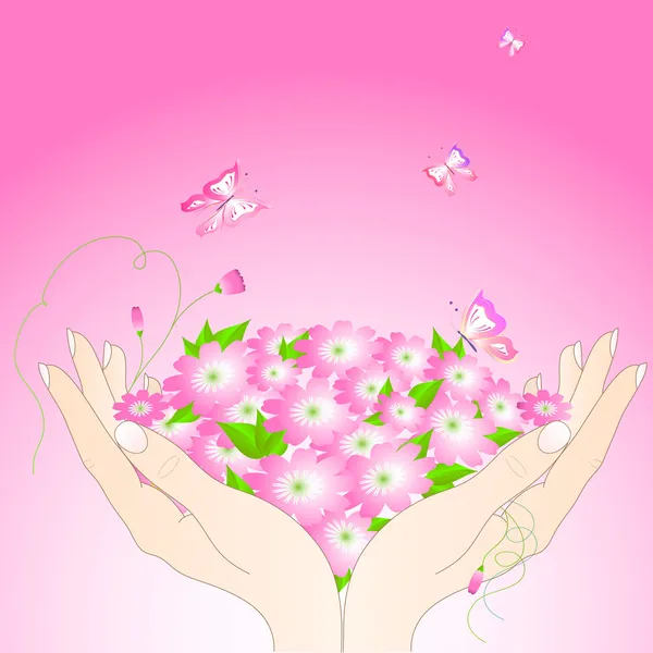 Teneri mani femminili con fiori e farfalle . — Vettoriale Stock