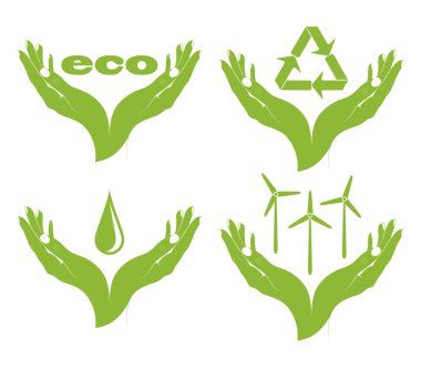 A set of eco symbols in female hands. clipart