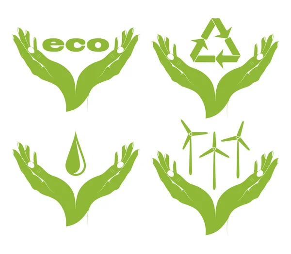 Un ensemble de symboles écologiques entre les mains des femmes . — Image vectorielle