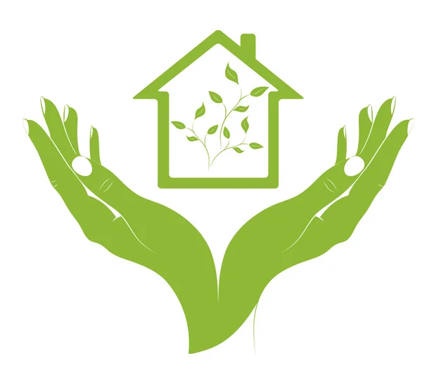 Symbol ekologiczne domy w rękach kobiet. — Wektor stockowy