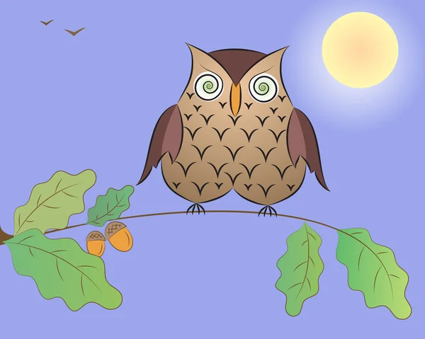Cartoon an owl on an oak branch at night under the moon. — Stock Vector