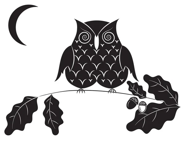 Black silhouette of an owl on a branch of an oak and the moon. — Stock Vector